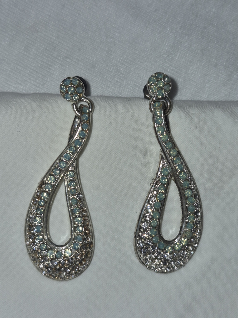 Silver Tone Blue Opal Look Rhinestone Teardrop Dangle Earrings 2" Articulated